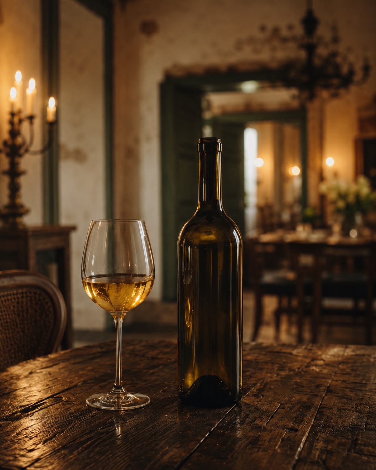 Botella y copa de vino canario sobre mesa de madera