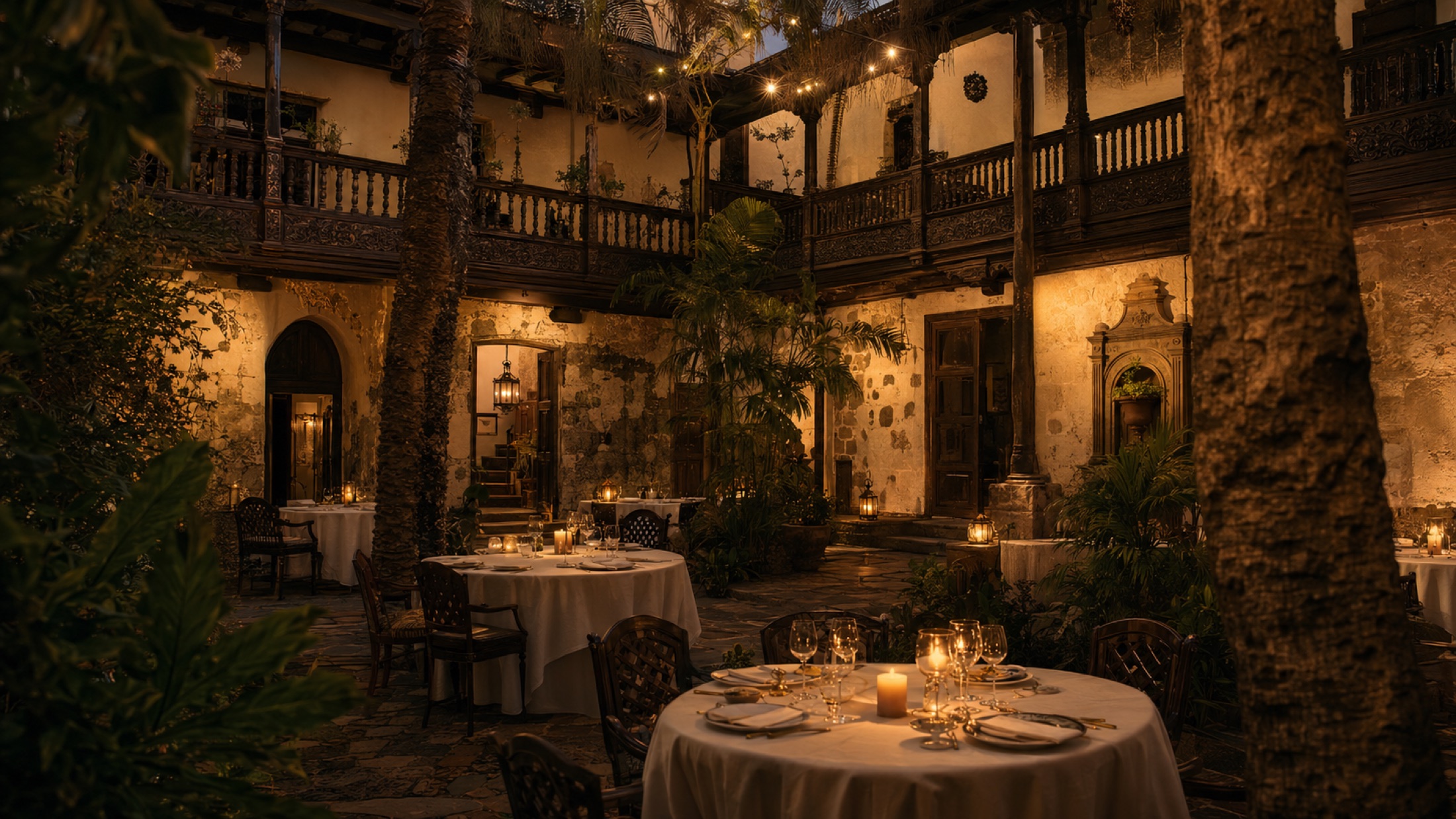 Patio de Casa Montesdeoca al anochecer, con mesas servidas a la luz de las velas