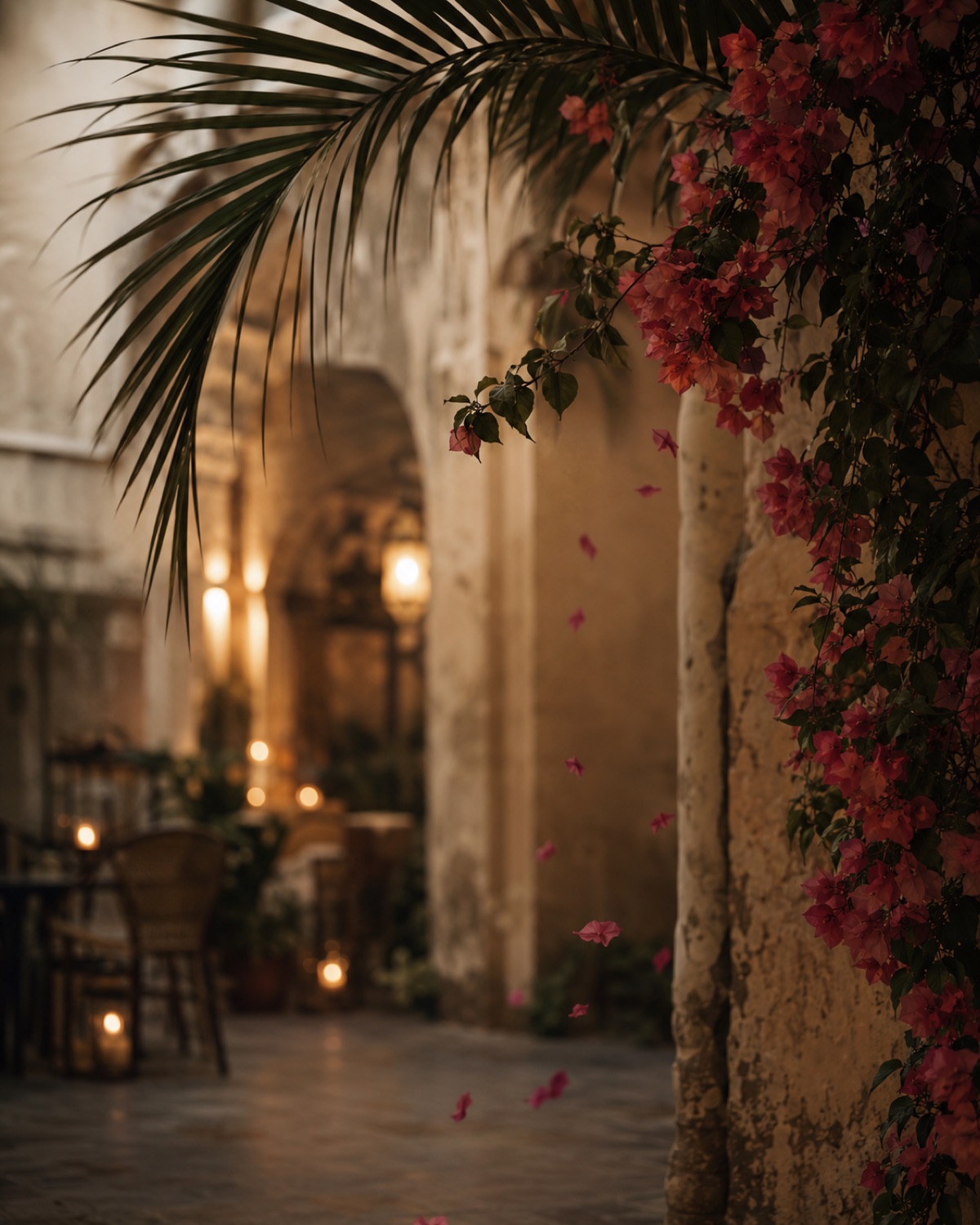 Rincón del patio de Casa Montesdeoca con palmera, buganvilla y velas encendidas