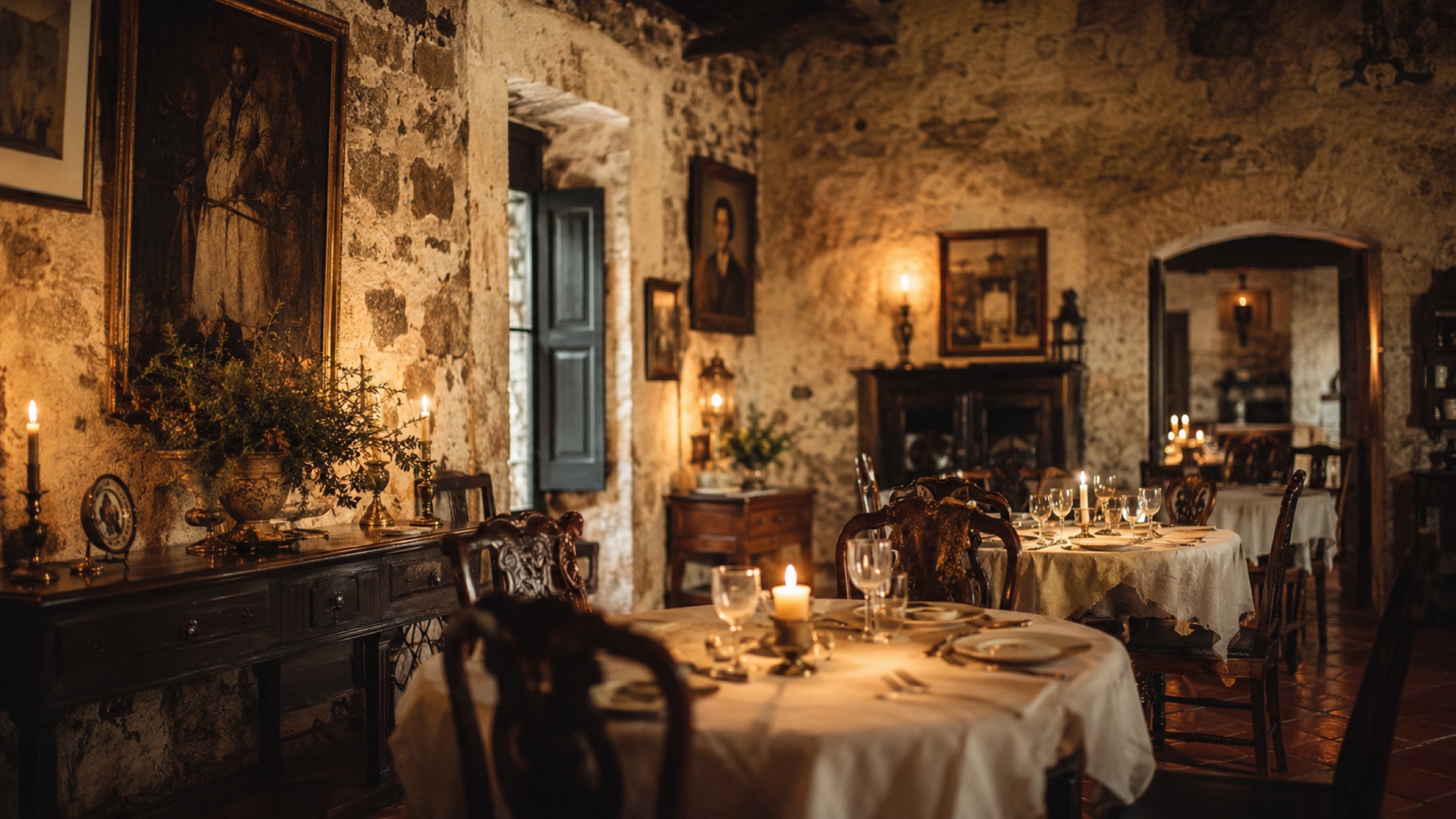Salón de época con muros de cantería y pinturas antiguas