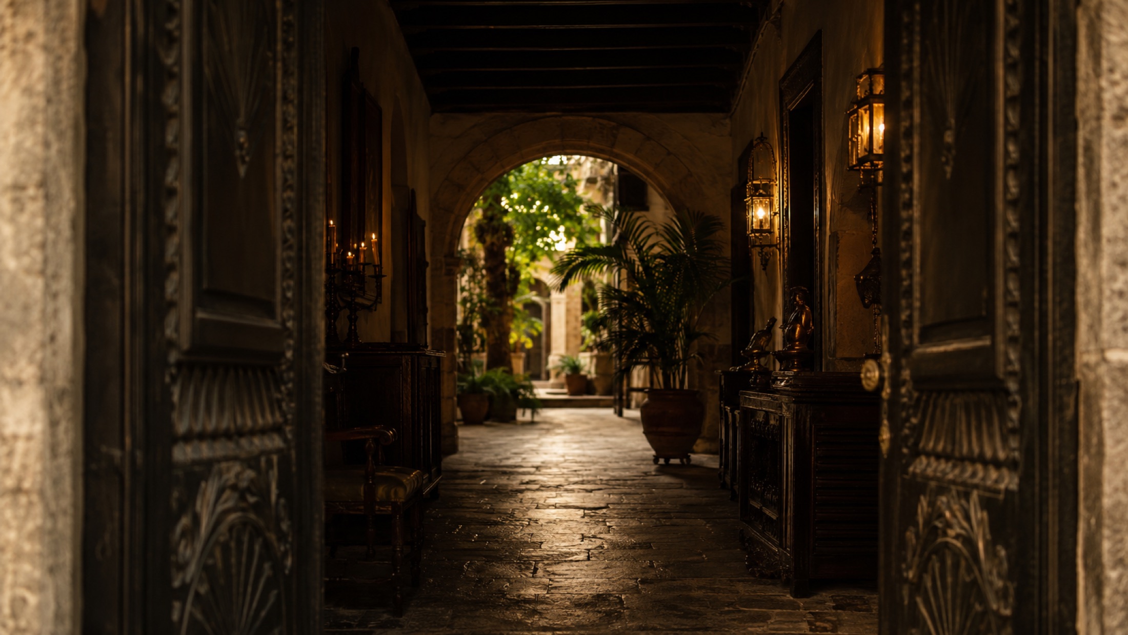 Umbral colonial de Casa Montesdeoca abierto hacia el patio
